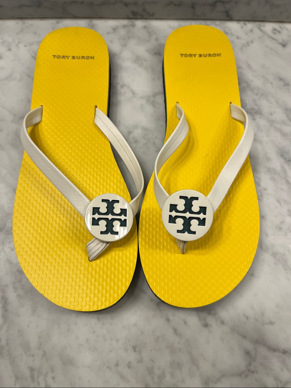 Tory Burch Yellow Flip Flop Sandals with White Straps and Logo